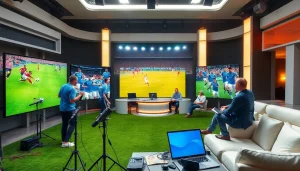 Engaging scene of Koora live sports analysis in a vibrant studio with interactive screens.