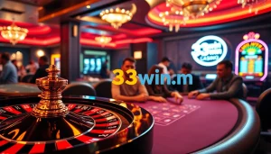 Experience the thrill of gambling at 33win.com with dynamic casino scenes showcasing slot machines and poker chips.