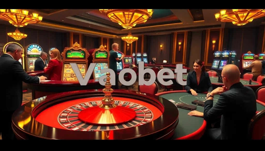 Vaobet casino scene with excited players at a roulette table and vibrant slot machines.