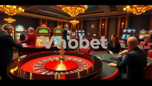 Vaobet casino scene with excited players at a roulette table and vibrant slot machines.