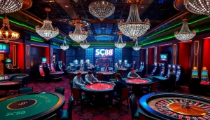 Experience the thrilling gameplay at SC88's luxurious online casino with vibrant tables and chips.