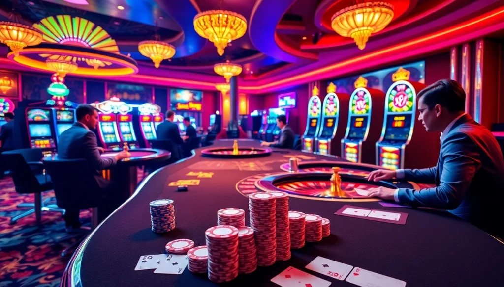 Exciting gameplay scene at lucky88 casino with colorful slot machines and vibrant gaming tables.