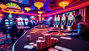 Exciting gameplay scene at lucky88 casino with colorful slot machines and vibrant gaming tables.