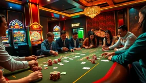 Engaging players at SHBET casino table showcasing vibrant gaming experience with chips and cards.