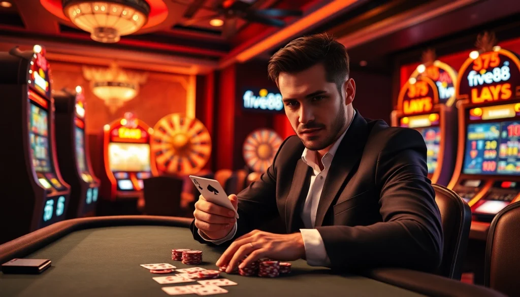 Experience the thrill of five88 with vibrant poker chips at an elegant casino table.