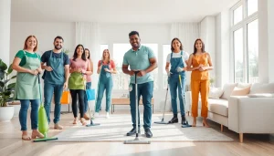Cleaning service team showcasing eco-friendly techniques in a bright living room.