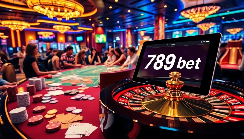 A dynamic casino scene showcasing poker action and roulette with elements from link 789bet enhancing the gambling experience.