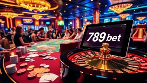 A dynamic casino scene showcasing poker action and roulette with elements from link 789bet enhancing the gambling experience.