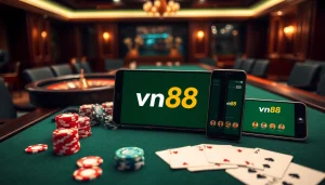 Experience thrilling online gambling at vn88 with vibrant casino tables, poker chips, and gaming interfaces.