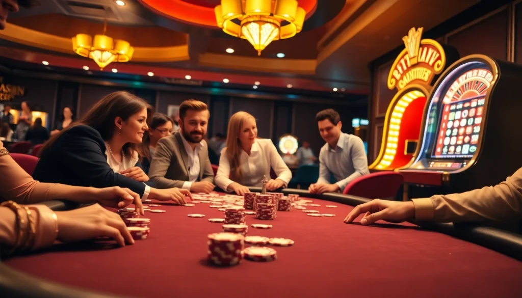 Professional gamblers enjoy a game at a luxury casino showcasing Nhà cái uy tín.