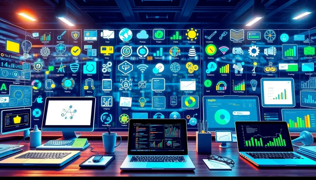 Examine top resources in the Ai Tool Directory featuring organized digital tools in a vibrant workspace.