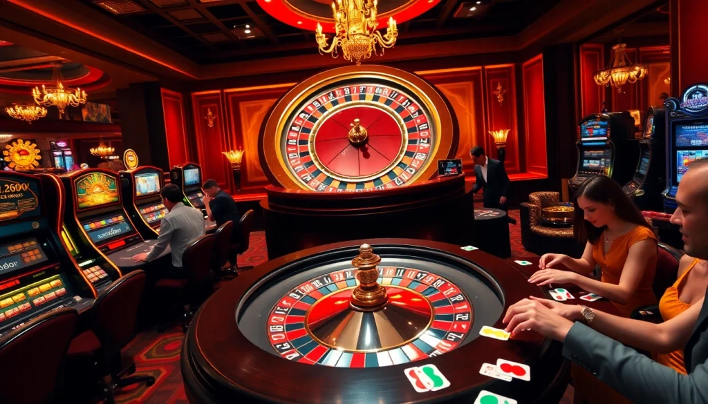 Gambling excitement at Jeetbuzz with roulette, slot machines, and lively players betting.