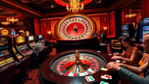 Gambling excitement at Jeetbuzz with roulette, slot machines, and lively players betting.