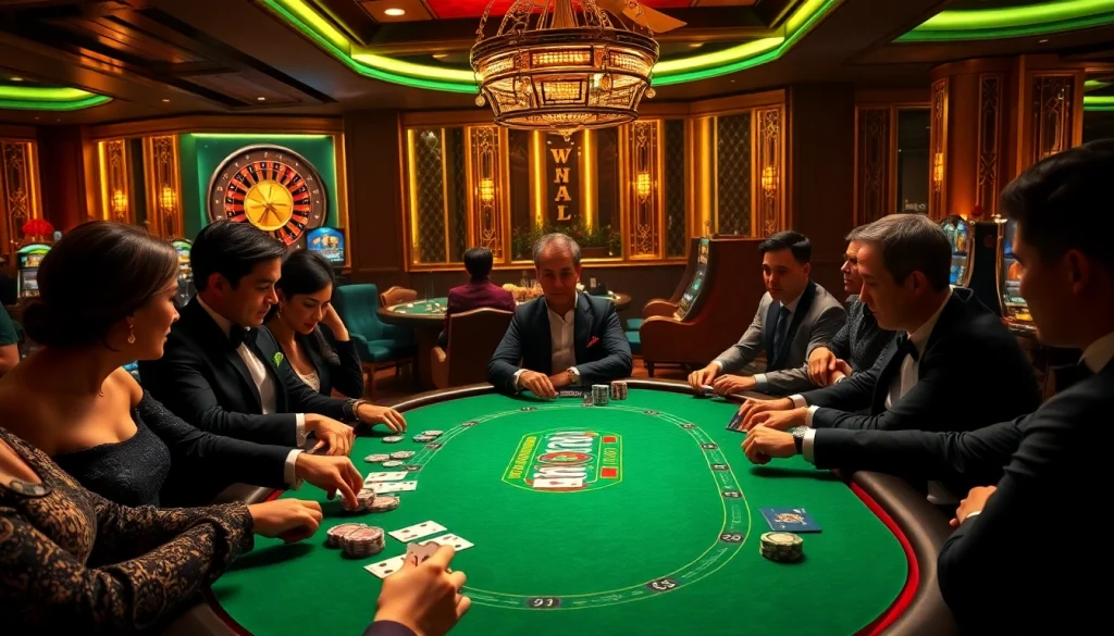 Players enjoying a thrilling poker game at 99OK casino, featuring vibrant colors and luxurious decor.