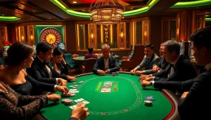 Players enjoying a thrilling poker game at 99OK casino, featuring vibrant colors and luxurious decor.