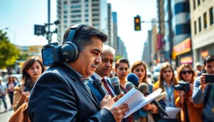 Capture engaging journalists at an outdoor conference highlighting news from https://news-parade.com.ua.