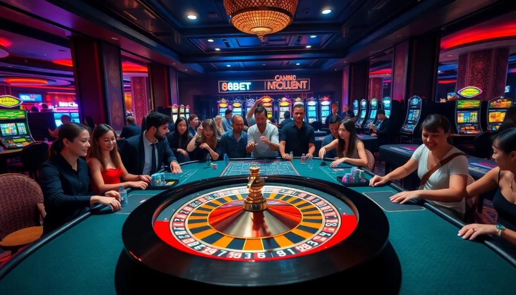 Experience the excitement at 88bet with poker tables and vibrant slots in a luxurious casino setting.