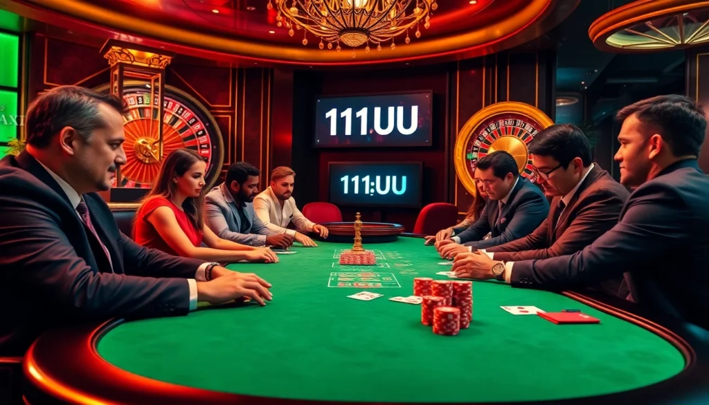 Experience the thrill of high-stakes poker as gamblers engage at tables, embodying 11UU's vibrant casino spirit.