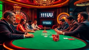 Experience the thrill of high-stakes poker as gamblers engage at tables, embodying 11UU's vibrant casino spirit.