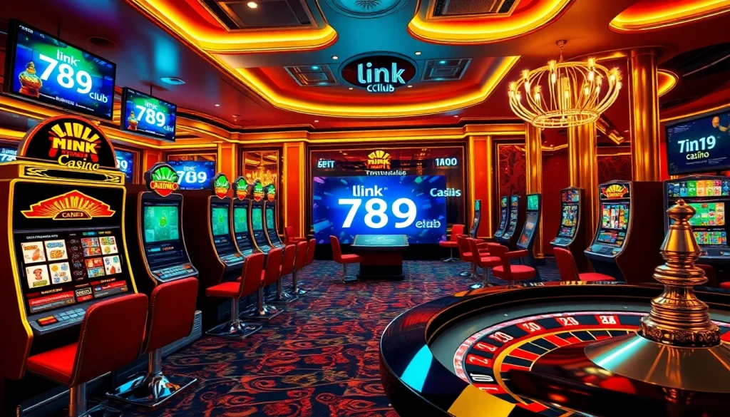 Experience the excitement of link 789club with thrilling online casino visuals featuring slot machines and poker games.