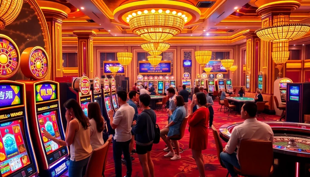An excited group of players enjoying kuwin nổ hũ slot machines in a vibrant casino atmosphere.
