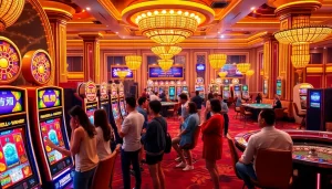 An excited group of players enjoying kuwin nổ hũ slot machines in a vibrant casino atmosphere.