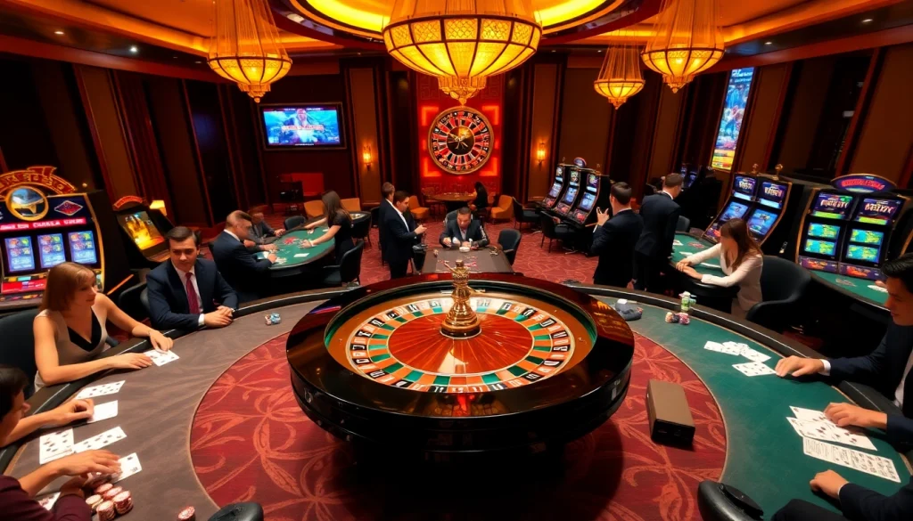 Experience the thrill of the Top 10 Nhà Cái Uy Tín in a luxurious casino setting filled with poker tables and exclusive games.