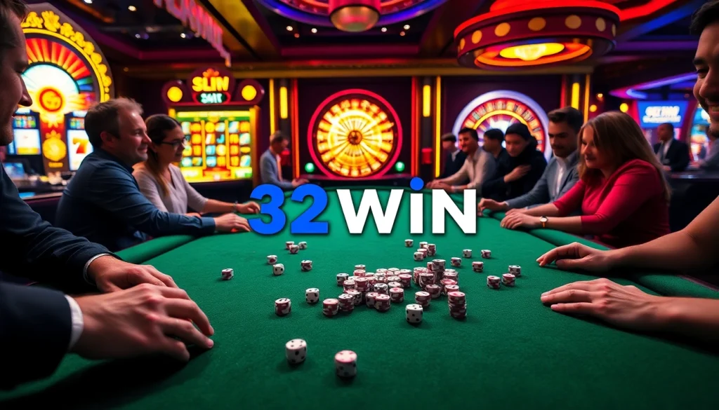 Players engaging with a lively casino table at 32win, showcasing poker chips and a spinning roulette wheel.