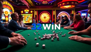 Players engaging with a lively casino table at 32win, showcasing poker chips and a spinning roulette wheel.