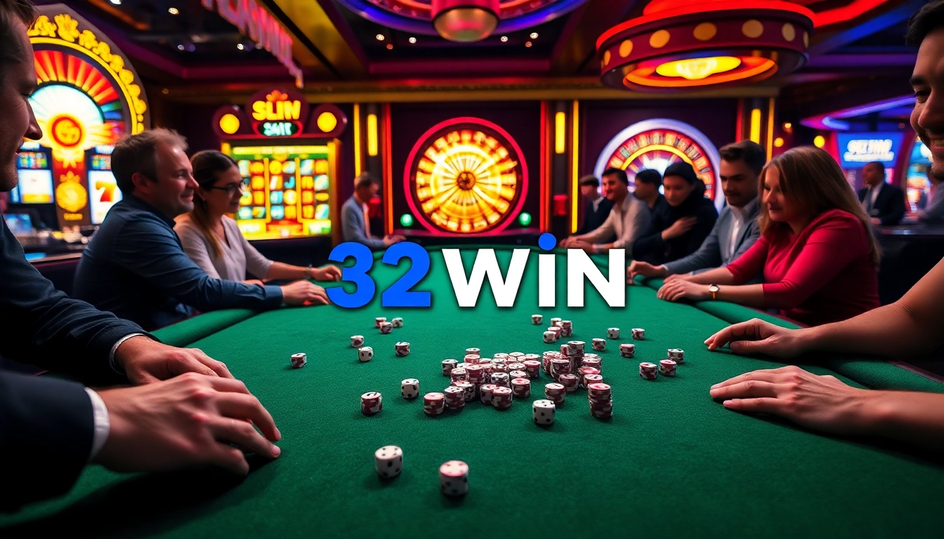 Players engaging with a lively casino table at 32win, showcasing poker chips and a spinning roulette wheel.