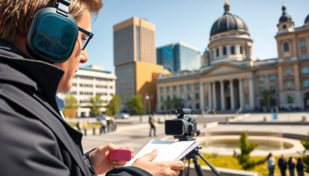 Актуальні новини з сайту https://sumytoday.in.ua, журналіст в дії на фоні Сум.