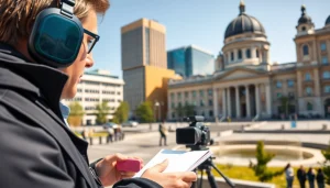 Актуальні новини з сайту https://sumytoday.in.ua, журналіст в дії на фоні Сум.