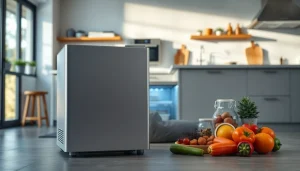 Showcase a mini freezer in a modern kitchen setting featuring smooth surfaces and organized storage.