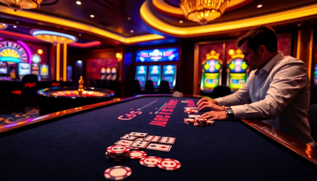 Engaging in cá cược kuwin at a luxurious baccarat table with vibrant casino elements.