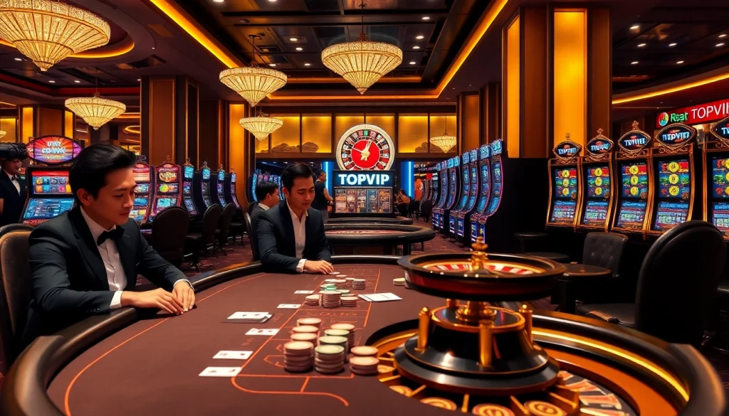 Engaging gaming enthusiasts at Nhà cái TOPVIP casino, showcasing poker and roulette excitement.