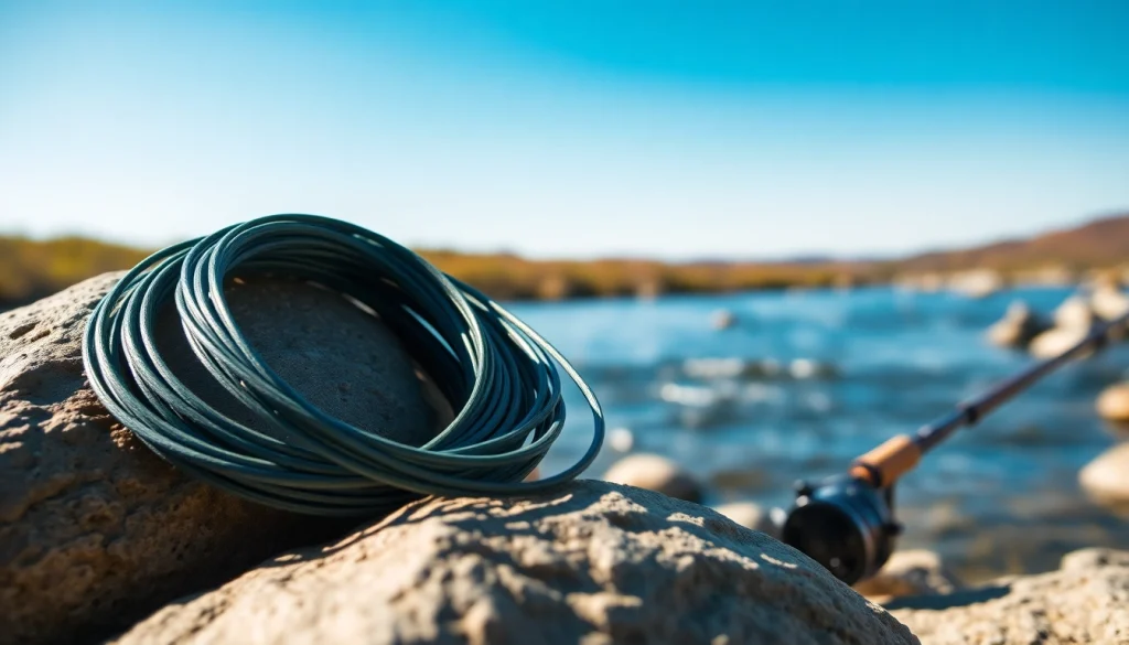 Showcasing Fly fishing line coiled on a rock beside a serene river.
