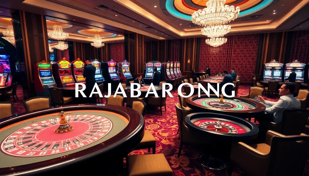 RAJABARONG players engaged at a luxurious casino blackjack table, showcasing excitement and strategy.