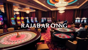 RAJABARONG players engaged at a luxurious casino blackjack table, showcasing excitement and strategy.