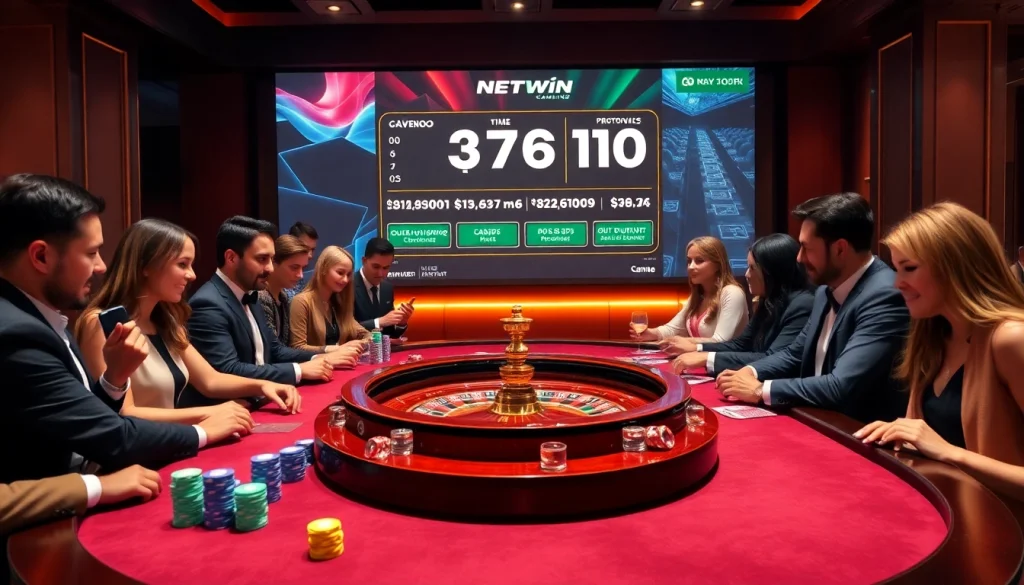Experience netwin at a vibrant roulette table surrounded by enthusiastic gamblers.