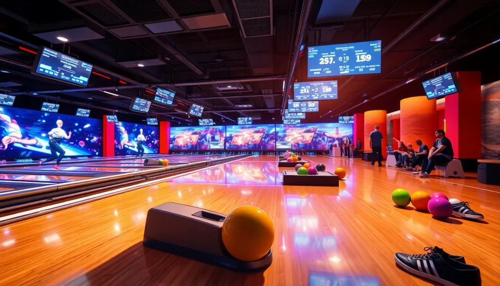 Bowling equipment manufacturer showcasing high-tech bowling lanes and vibrant, modern atmosphere.