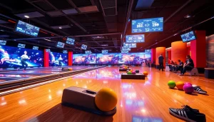 Bowling equipment manufacturer showcasing high-tech bowling lanes and vibrant, modern atmosphere.