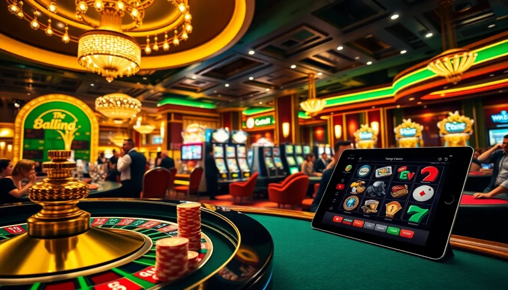 Experience thrilling gambling at https://xx88.bingo/ with vibrant slot machines, poker chips, and a roulette wheel.