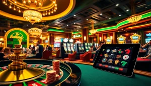 Experience thrilling gambling at https://xx88.bingo/ with vibrant slot machines, poker chips, and a roulette wheel.