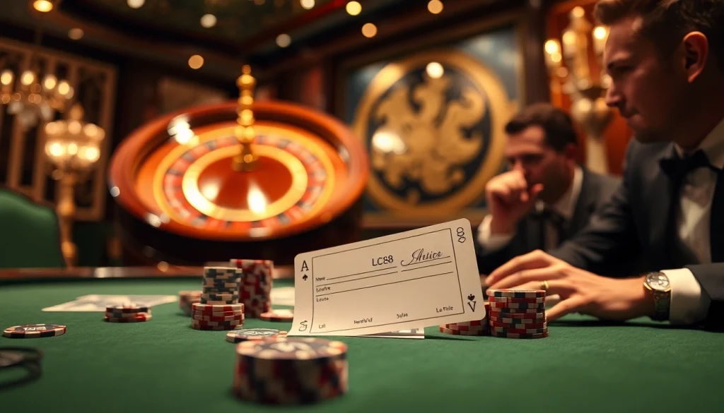 Engage in high-stakes betting at a luxurious casino featuring Lc88 branding on a betting slip.