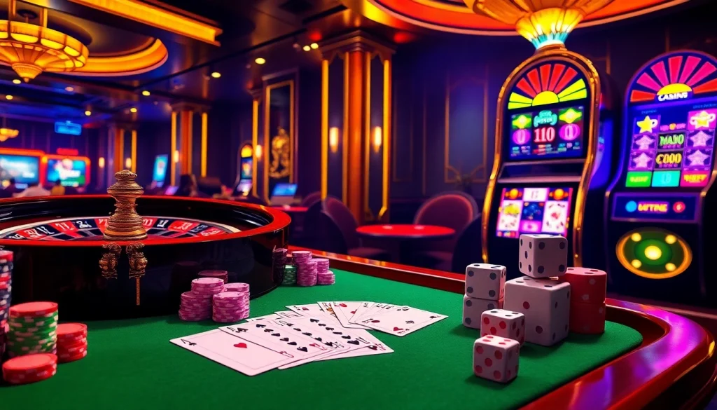 Experience luxury and excitement at MM88 casino with vibrant tables, roulette wheel, and slot machines.