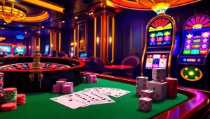 Experience luxury and excitement at MM88 casino with vibrant tables, roulette wheel, and slot machines.
