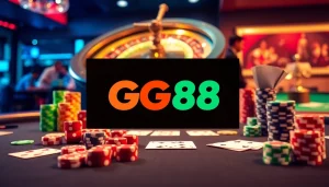 Exciting GG88 casino scene with poker, chips, and roulette, capturing the thrill of gambling.
