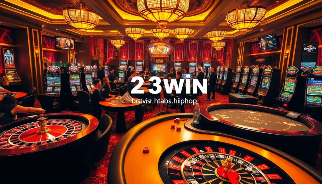Engaging casino scene with players at https://23win.hiphop/, showcasing poker tables and roulette wheels.