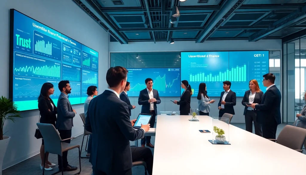 Dynamic office scene illustrating kamino finance with business professionals analyzing DeFi analytics on digital screens.