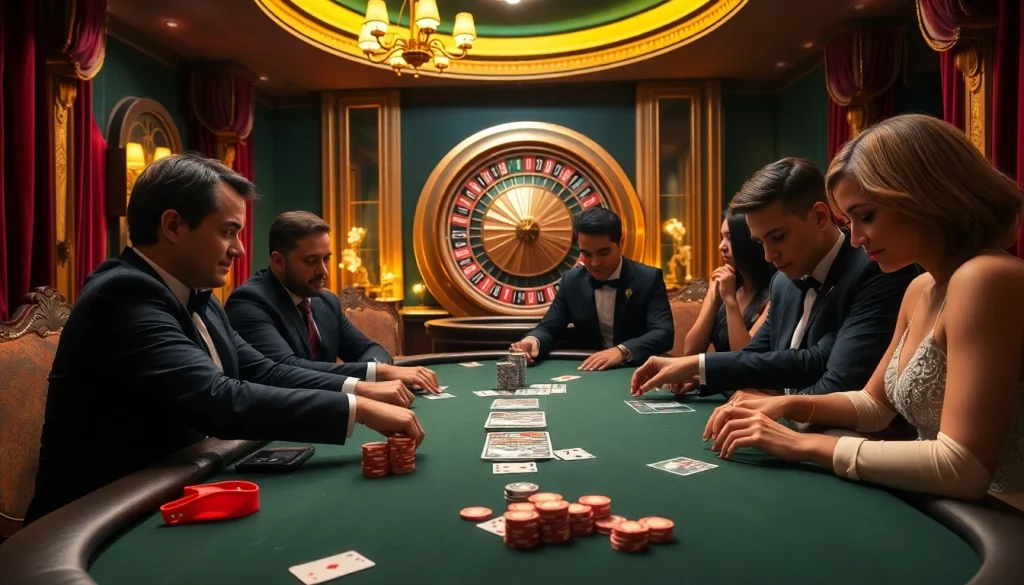 Players experience high-stakes excitement at a GO8-themed poker table in a luxurious casino.